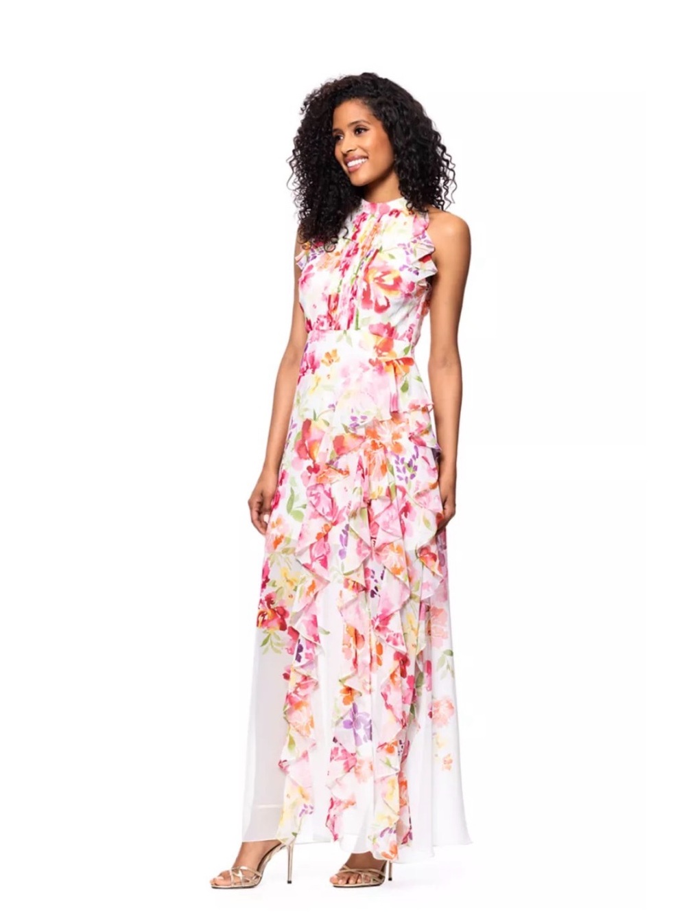 Betsy & Adam Pink Multi Floral Ruffle Maxi Dress